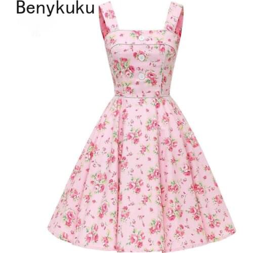 Sweet Floral Print Polka Dot Summer Vintage Dress Sleeveless Strap Women Clothes 50s 60s Rockabilly Hepburn Pinup Elegant Dress