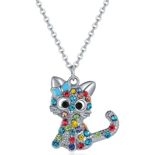Rhinestone Cute Cat Necklace Trendy Link Chain For Women Lucky Pet Pendant Wholesale Necklace Jewelry gift