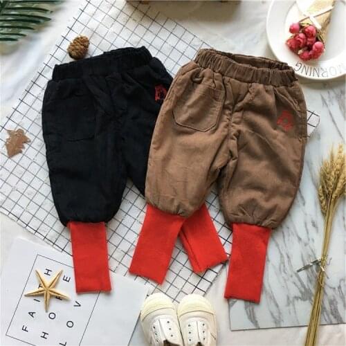 Tonytaobaby New Winter Baby and Girl Red Rib Splicing Corduroy Plush Pants Pants Boys Pants