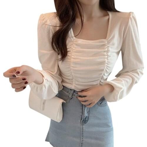 Vintage Fashion Square Collar Tshirt 2 Color Women Sexy Chic Summer Pleated Long Sleeve Casual Female Tops