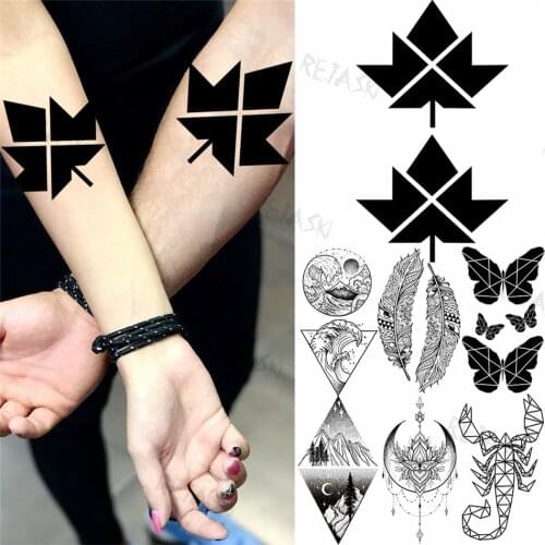 Black Geometric Small Maple Leaf Temporary Tattoos For Women Men Mountains Rivers Feather Animal Fake Tattoo Half Sleeve Tatoos