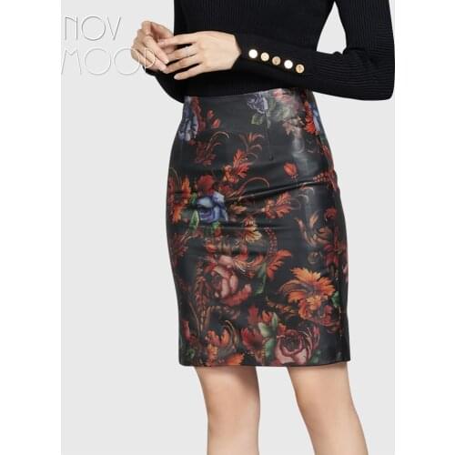 Novmoop oil painting floral pattern printed genuine leather sheepskin women skirt feminine style LT3306