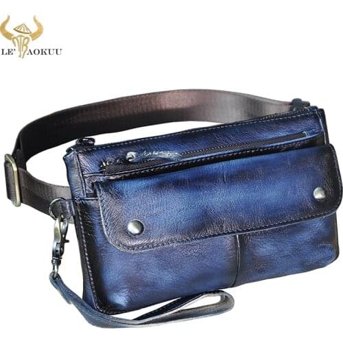 Natural Leather men Vintage Design Fanny Waist Belt Bag Chest Pack Fashion Blue Travel 7" Phone Cigarette Case Pouch Male 8136
