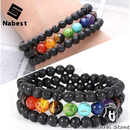Women Men 7 Chakras Bracelets Healing Balance Reiki Buddha Prayer Yoga Bangle Natural Lava Matte Stone Beads Tube Layers Jewelry