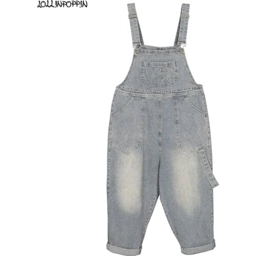 Women Retro Light Blue Denim Overalls 2020 New Loose Bib Jeans Side Strap Vintage Womens Bleached Jean Overalls