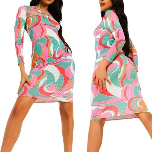 Y2K Women Close-fitting Hollow Out Dress Pink Irregular Printed Pattern Long Sleeve Street Style S/ M/ L/ XL