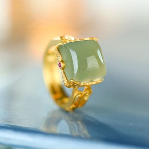 S925 Sterling Silver Inlaid Natural Hetian Jade Gray Jade Square Egg Surface Hollow Carved Design Elegant Elegant Ring for Women