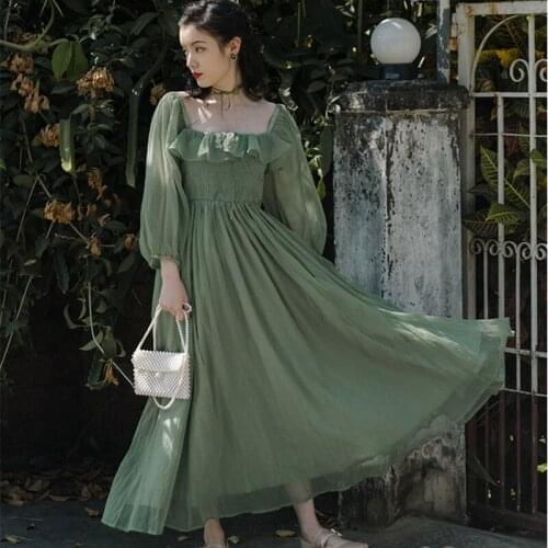 Vestidos Puff Sleeve Solid Color Chiffon Ruffle Square Neck Dress Gentle Lady French Romantic Green Fairy Dresses