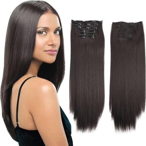 16 clips Long Straight Synthetic Blonde Hair Extensions Clips in High Temperature Fiber Black Brown 6Pcs/set Natural Hairpiece