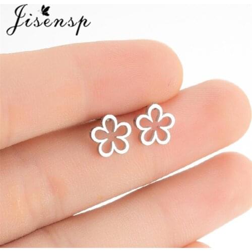 Jisensp 2021 New Geometric Hollow Flower Stud Earrings Stainless Steel Jewelry for Women Girls Birthday Gift Bijoux Femmel