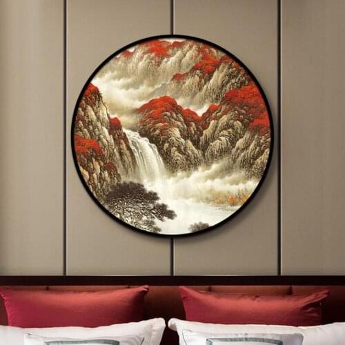 Chinese Style Canvas Painting Poster Pictures Landscape Ink Painting Home Decor Round Wooden-frame Wall Art Poster