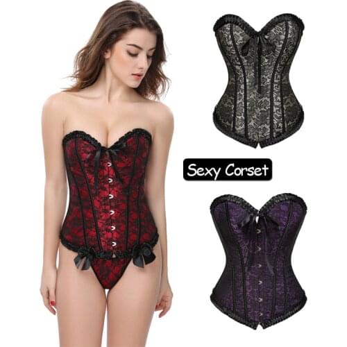 Sexy Floral Lace up Boned Overbust Corset Lingerie Gothic Strapless Waist Cincher Corselet Red Women Slim Plus size ClubWear Top