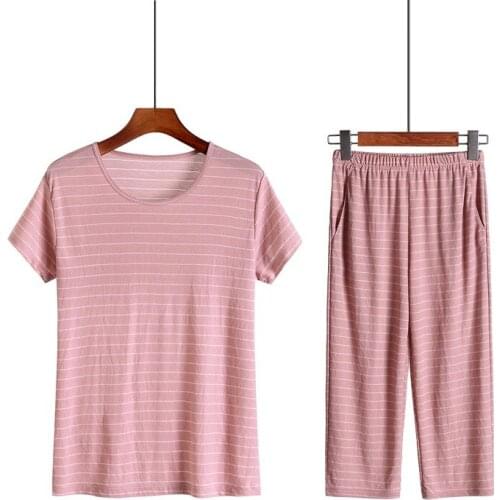 Summer ladies cotton and linen pajamas suit thin section home service short-sleeved cropped trousers striped leisure