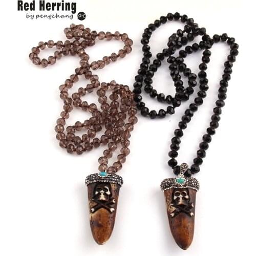 Fashion Bohemian Tribal Jewelry Long Crystal Glass Knotted Ox Horn Pendant Skull Necklaces For Women Ethnic Necklace