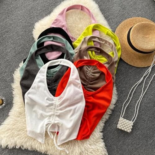 Ins Fashion Girls Crop Top Sexy Halter Neck Sleeveless Drawstring Ruched Split Front Backless Skinny Sports Workout Tank Tops