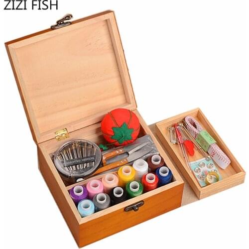 Multifunction Wood Box Sewing Kit Needle Tape Scissor Threads Sewing Box For Home & Travelling