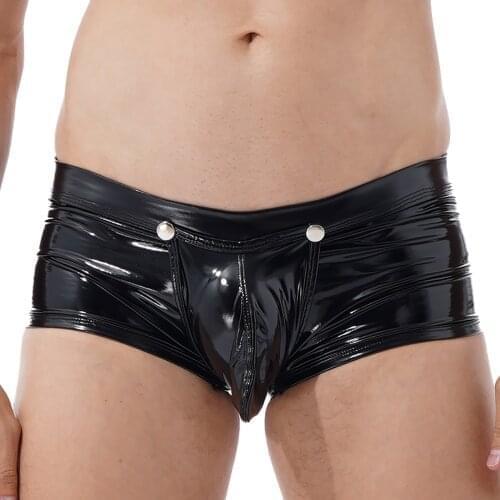Men Glossy Patent Leather Removable Bulge Pouch Boxer Briefs Underwear Wet Look Low Rise Shorts Stretchy Crotchless Panties