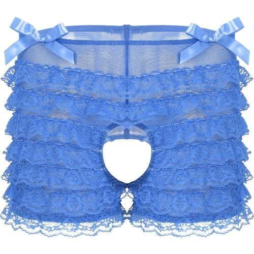 Mens Floral Lace Lingerie Sissy Underwear Super Frilly Ruffled Layered Lace Bowknots Panties Mid Rise Open Crotch Underpants