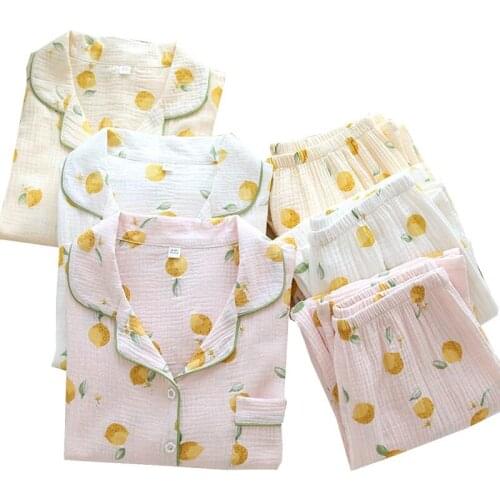 2020 Autumn New Women Cute Cartoon Printed Pajamas Set Ladies Comfort Gauze Cotton Sleepwear Fresh Style Homewear Girls Casual