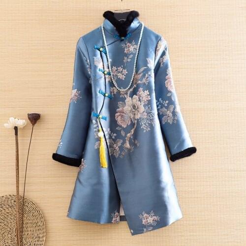 Autumn Winter Rabbit Fur Women Coat Top Chinese Style Retro Jacquard Elegant Slim Lady Warm Qipao Trench Coat Female S-2XL