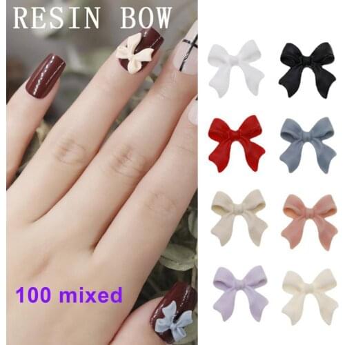 100Pcs/ 1 Pouch Resin Nail Art Accessories 3D Multi-Functional Mixed Color Nail Art Bowknot Fingernail DIY Decoration for Salon