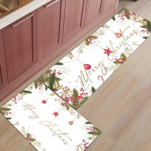 Christmas Leaf Berry Ball Flower Kitchen Mat Entrance Doormat Christmas Home Decor Living Room Carpet Bathroom Anti-slip Rug