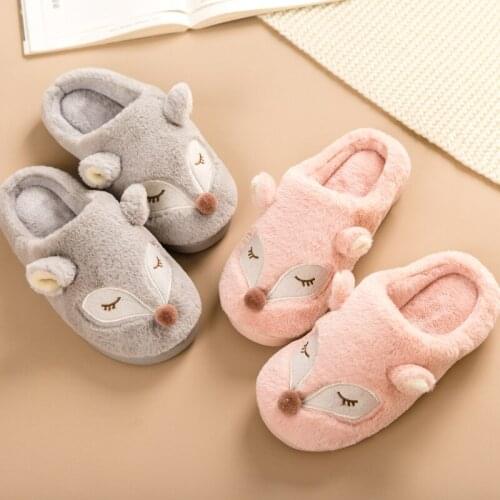 Cute Cartoon Fox Home Ladies Fur Slippers Winter Warm Plush Bedroom Ladies Flat Shoes House Furry Slippers Couple Cotton Shoes