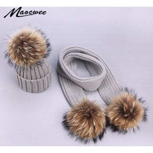 Warm Chunky Thick Hats and Scarves Real Fur Pom Pom Set for Child Mother Baby Kids Girls Boys Warm Hat Winter Beanie Knitted Cap