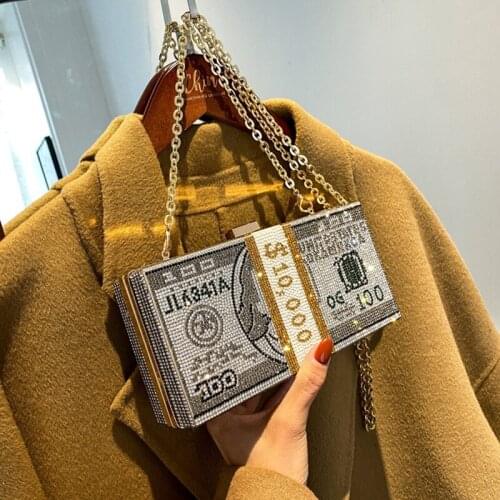 Ladies Luxury Dollar Crystal Diamond Chain Clip Buckle Dinner Party Date Partybag Detachable Shoulder Strap Messenger Clutch Bag