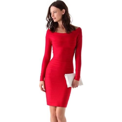 Long Sleeve Mini Bandage Dress Bodycon Fashion Prom Club Party Sexy Dresses Red New Slash Neck Women Vestiods
