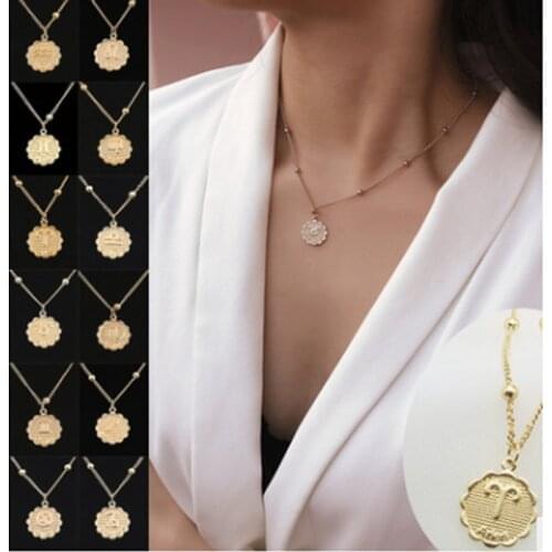 Vintage Twelve Constellations Coin Pendant Charm Necklace Women Girl Twelve Horoscope Clavicle Chain Jewelry Gifts