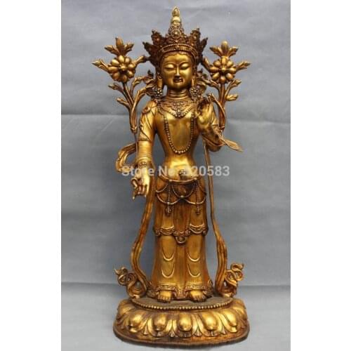34" Tibet Bronze Gilt Folk Buddhism Stand Kwan-Yin Guan Yin Tara Goddess Statue