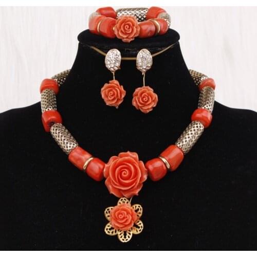 4Ujewelry Statement Necklace Set Charms Orange Or Red Nigerian Coral Beads Necklace Jewelry Set Gold Costume Jewellery Dubai New