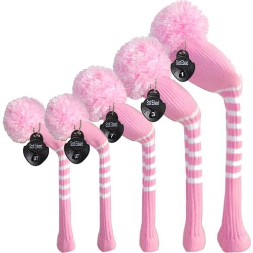 Golf Club Headcovers Set for Woods-Driver*1 Fairway*2 Hybrid*2,Red Pink Purple Stripes Golf Wood Knit Head Cover,Golf Protector