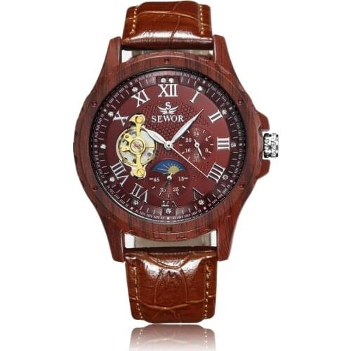 Fashion Wood Watch Men Mechanical Watches Sewor Luxury Brand Automatic Mechanical Watch Moon Phase reloj hombre Montre Homme