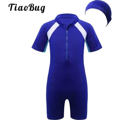 TiaoBug Summer Kids Unisex One-piece Swimsuit Short Sleeves Swimwear Girls Boys Bathing Suit Child Rash Guard with Swimming Cap
