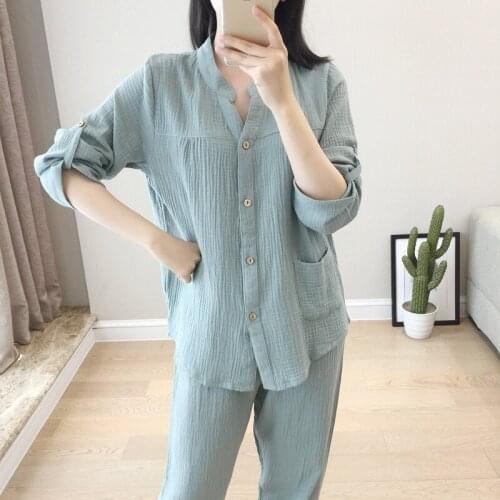 Womens Suit Autumn Cotton Crepe V-Neck Solid Color Cardigan Stand-Up Collar Long-Sleeved Top and Trousers Sleepwear Set