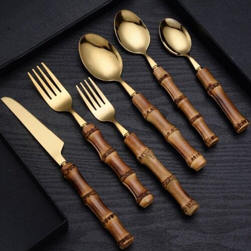 Tableware With Bamboo Handle,With Steak Knives Cutlery Stainless Steel Flatware Cutlery,Set Includes Forks Spoons Knives