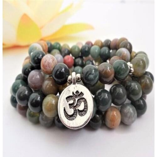 6mm Natural Indian agate Gemstone 108 Beads Mala Bracelet MONK chain Healing Gemstone Bless Tibet silver Reiki Chakra Meditation