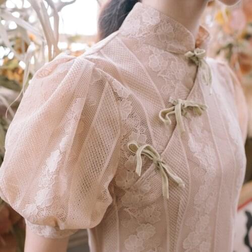 2019 new fashion womens Lace dress French court style puff sleeve dresses