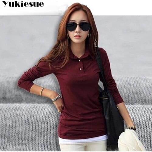 New Arrival Korean Women Cotton T-shirt Turn-down Collar Long Sleeve Slim Basic Shirt tshirt Tops Camisetas Mujer Plus size