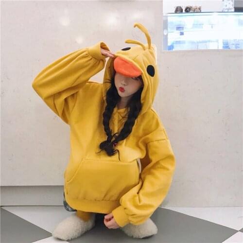 Cartoon Cute Yellow Duck Hoodies Women Korea Kawaii Sweatshirt Lazy Oversize Hoodie Funny Warm Tops Autumn Winter Pullover 2XL