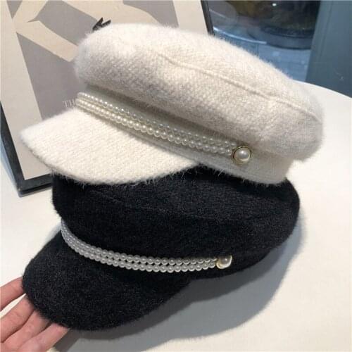 2021 New pearl add khaki color pearl buttons winter warm faux fur lady octagonal hat women leisure visors cap