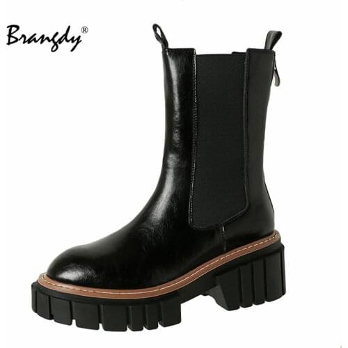 Brangdy New Cow Leather Womens Boots Spring Autumn Basic Solid Color Ladies High Heeled Shoes Platform Square Heel Model Party