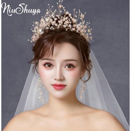 NiuShuya Fairy handmade Pink Flower Headband Crown Bride Headdress Women Flower Tiara Luxury Crown Wedding Hair Jewelry Accessor