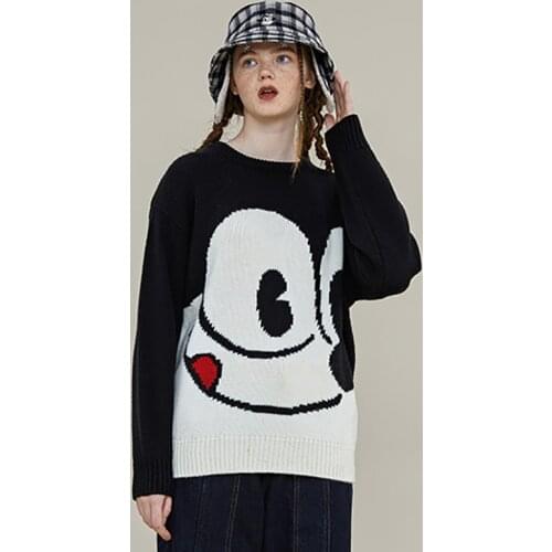 2021 Spring New Arrivals Women Pullover Sweaters Black Thick Long Sleeve Ladies Loose Knitted Jumper Tops Cartoon