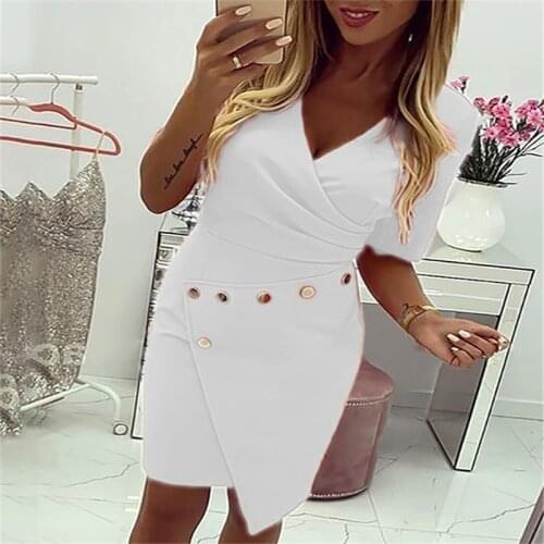 Irregular Autumn Summer Dress Women 2021 Casual Slim Half Sleeve Office Pencil Dresses Elegant Sexy V-neck Party Dress White