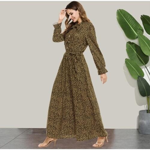 Print Lapel Abaya Muslim Hijab Dress Women Turkey Print Lace-up Big Swing Maxi A-line Dresses Morccan Kaftan Islamic Clothing