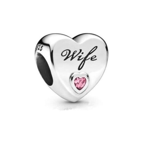 Genuine 925 Sterling Silver Bead Charm Pink Wife Love Heart Charm Fit Pan Bracelets & Necklace Women Diy Jewelry