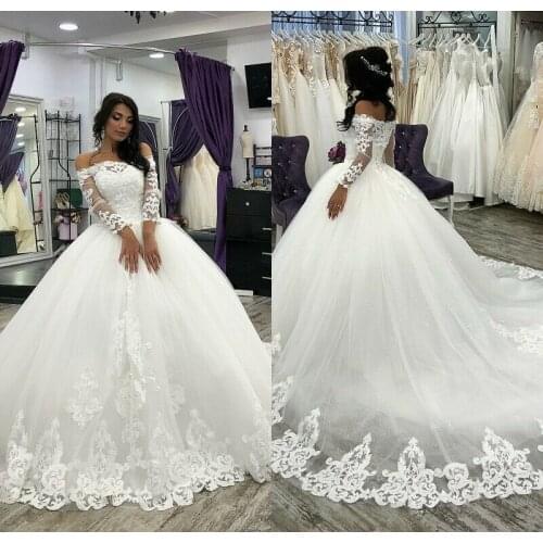 Plus Size Wedding Dress Wedding Gowns 2021 Mariage Bride Dress Ball Gown Long Sleeve Fluffy Tulle Lace